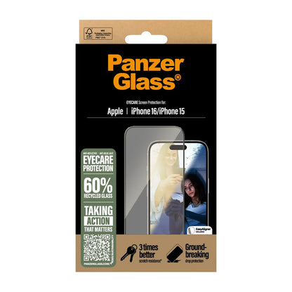 Film de protection d'écran PanzerGlass Ultra-Wide Fit EyeCare pour Apple iPhone 16 / 15, Verre Trempé, Full Glue, Noir