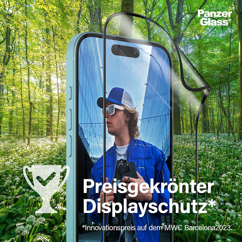 Schutzfolie PanzerGlass Ultra-Wide Fit EyeCare für Apple iPhone 16 Pro, gehärtetes Glas, Full Glue, Schwarz