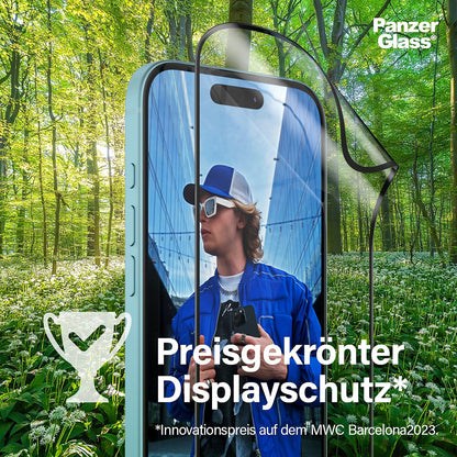Schutzfolie PanzerGlass Ultra-Wide Fit EyeCare für Apple iPhone 16 Pro, gehärtetes Glas, Full Glue, Schwarz