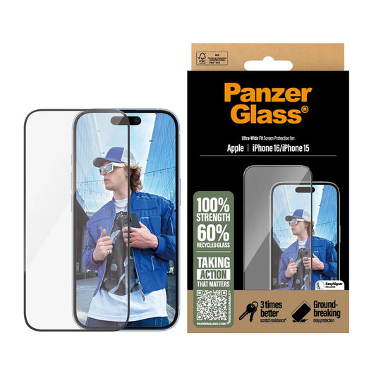 Film de protection d'écran PanzerGlass Ultra-Wide Fit pour Apple iPhone 16 / 15, Verre Trempé, Full Glue, Noir