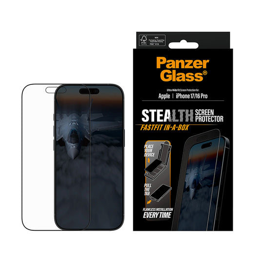 PanzerGlass Ultra-Wide Fit Stealth Fastfit Screen Protector for Apple iPhone 17 / 16 Pro, Tempered Glass, Full Glue, Black