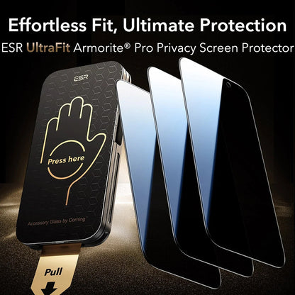 Film de protection Écran Privacy ESR UltraFit Armorite Pro pour Apple iPhone 17 Pro Max, Verre Trempé, Full Glue, Set de 3 pièces