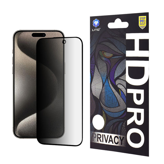 Film de protection d'écran Privacy Lito HD Pro pour Apple iPhone 15 Pro Max, Verre trempé, Collage intégral