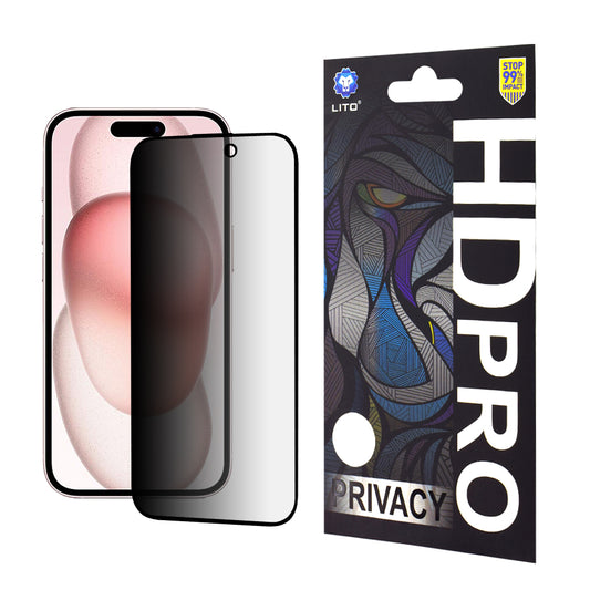 Privacy-Schutzfolie Lito HD Pro für Apple iPhone 15, gehärtetes Glas, Full Glue