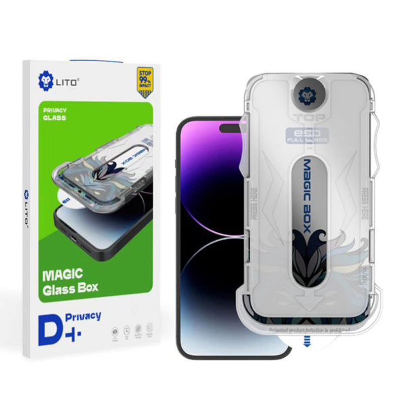 Privacy-Schutzfolie Lito Magic Glass Box D+ Tools für Apple iPhone 15 Pro, gehärtetes Glas, Vollkleber