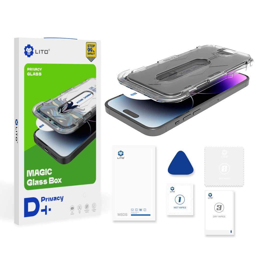 Privacy-Schutzfolie Lito Magic Glass Box D+ Tools für Apple iPhone 15, Sicherheitsglas, Vollkleber