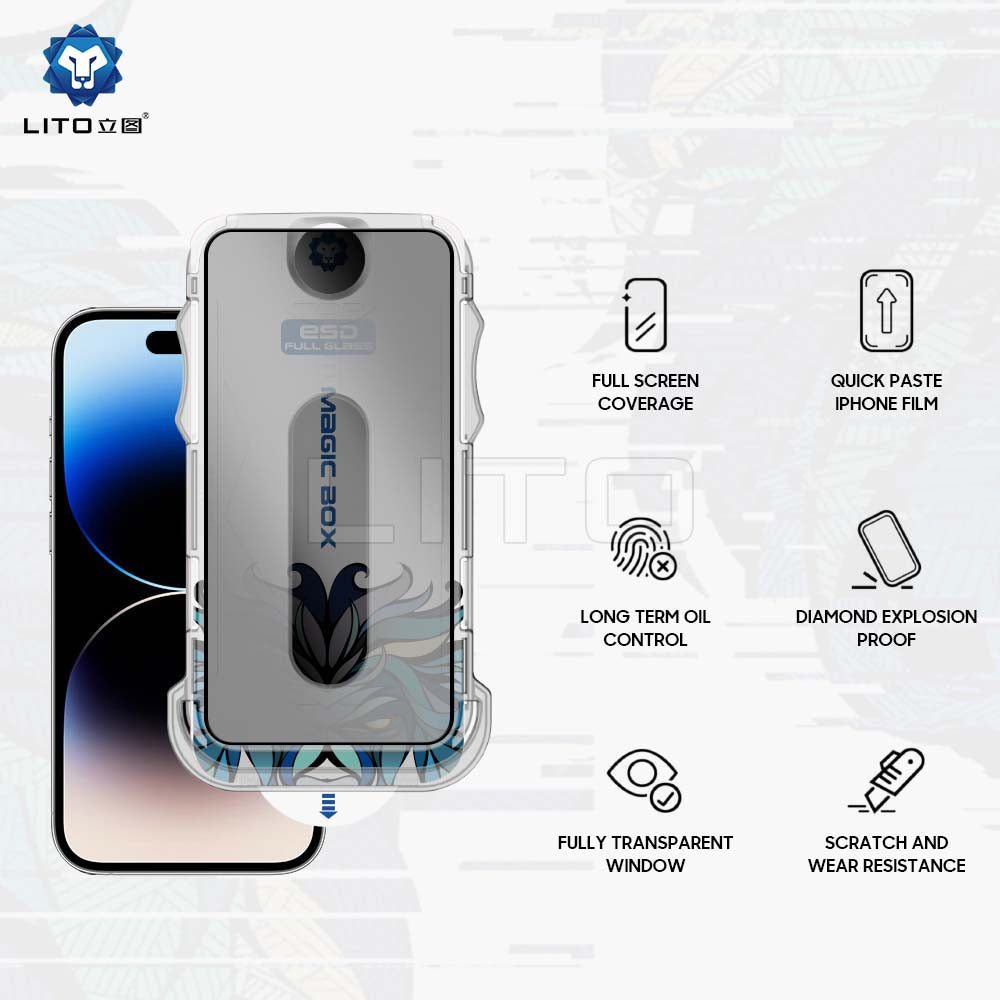 Privacy-Schutzfolie Lito Magic Glass Box D+ Tools für Apple iPhone 16, gehärtetes Glas, Vollkleber