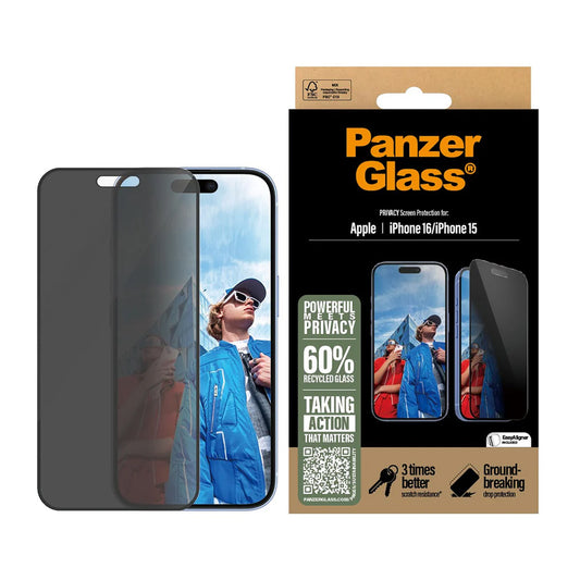 Film de protection écran Privacy PanzerGlass Ultra-Wide Fit EasyAligner pour Apple iPhone 16 / 15, Verre Trempé, Full Glue
