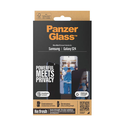 Privacy Screen Protector PanzerGlass Ultra-Wide Fit EasyAligner for Samsung Galaxy S24 S921, Tempered Glass, Full Glue