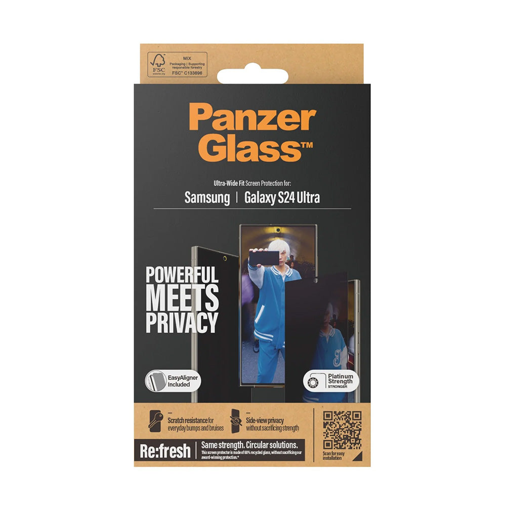 Film de protection écran Privacy PanzerGlass Ultra-Wide Fit EasyAligner pour Samsung Galaxy S24 Ultra S928, Verre Trempé, Full Glue