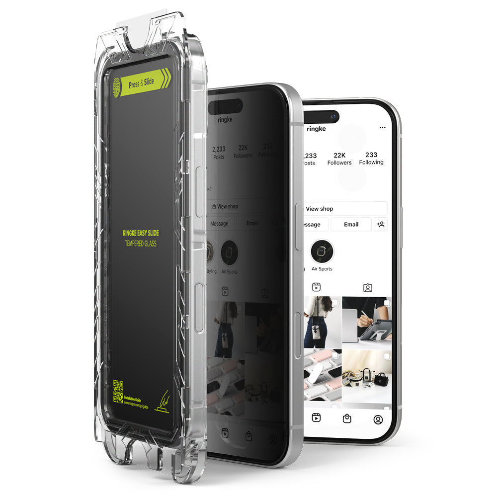 Schutzfolie Privacy Ringke Easy Slide für Apple iPhone 16 Plus / 15 Plus, gehärtetes Glas, Vollkleber, Set mit 2 Stück