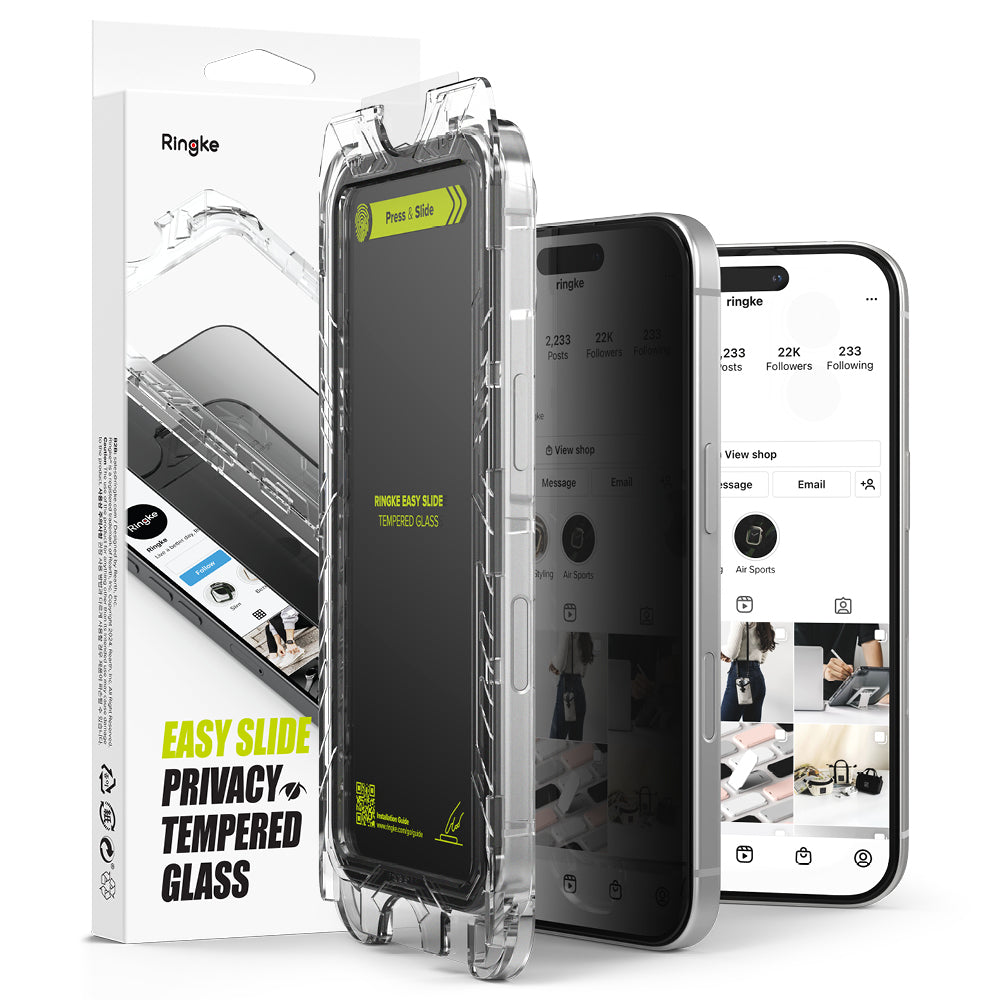 Schutzfolie Privacy Ringke Easy Slide für Apple iPhone 16 Plus / 15 Plus, gehärtetes Glas, Vollkleber, Set mit 2 Stück