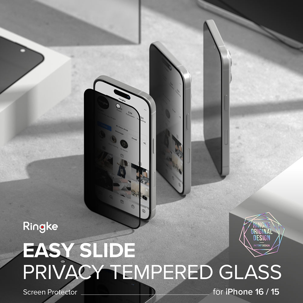 Schutzfolie Privacy Ringke Easy Slide für Apple iPhone 16 Plus / 15 Plus, gehärtetes Glas, Vollkleber, Set mit 2 Stück