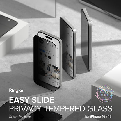 Schutzfolie Privacy Ringke Easy Slide für Apple iPhone 16 Plus / 15 Plus, gehärtetes Glas, Vollkleber, Set mit 2 Stück