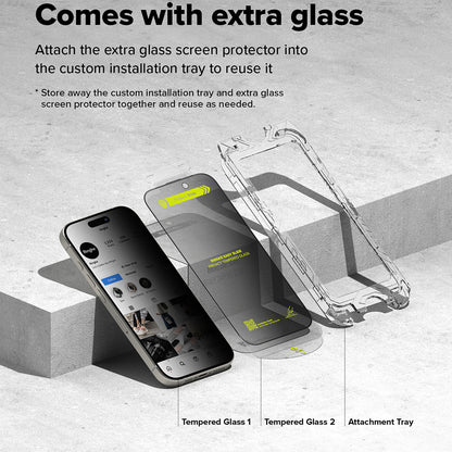 Schutzfolie Privacy Ringke Easy Slide für Apple iPhone 16 Plus / 15 Plus, gehärtetes Glas, Vollkleber, Set mit 2 Stück