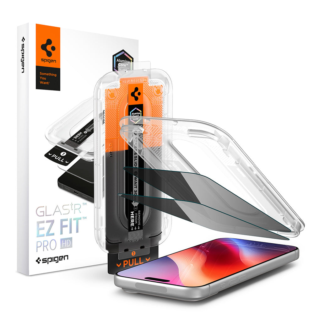 Film de protection écran Privacy Spigen GlastR EZ FIT Pro HD pour Apple iPhone 18 Pro, Verre trempé, Collage complet, Set de 2 pièces AGL12027