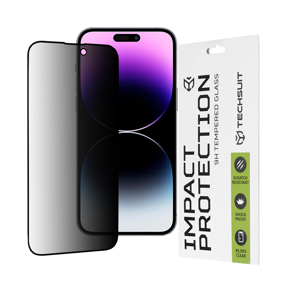Privacy Techsuit Displayschutzfolie für Apple iPhone 14 Pro Max, gehärtetes Glas, Full Glue, 111D