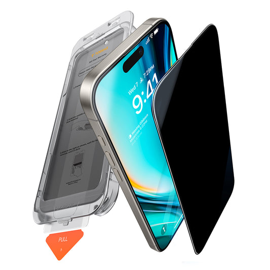 Schutzfolie Privacy Torras GlassGo Install Master für Apple iPhone 16 Pro, Gehärtetes Glas, Vollverklebung