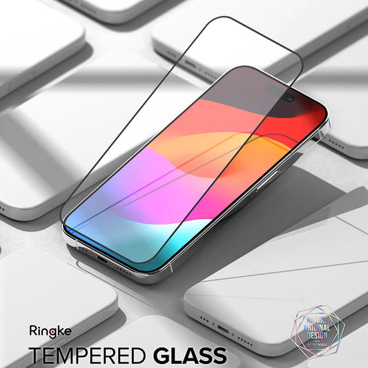 Film de protection d'écran Ringke pour Apple iPhone 15 Pro, Verre trempé, Collage complet, Noir