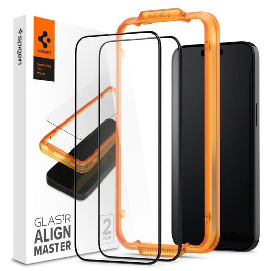 Film de protection écran Spigen GlastR Align Master pour Apple iPhone 15, Verre Trempé, Full Glue, Lot de 2 pièces, Noir AGL06906