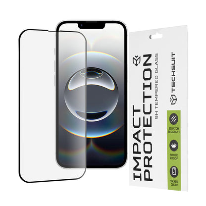 Techsuit M1 Displayschutzfolie für Apple iPhone 17e / 16e / 14 / 13 Pro, gehärtetes Glas, Full Glue, 111D, Schwarz