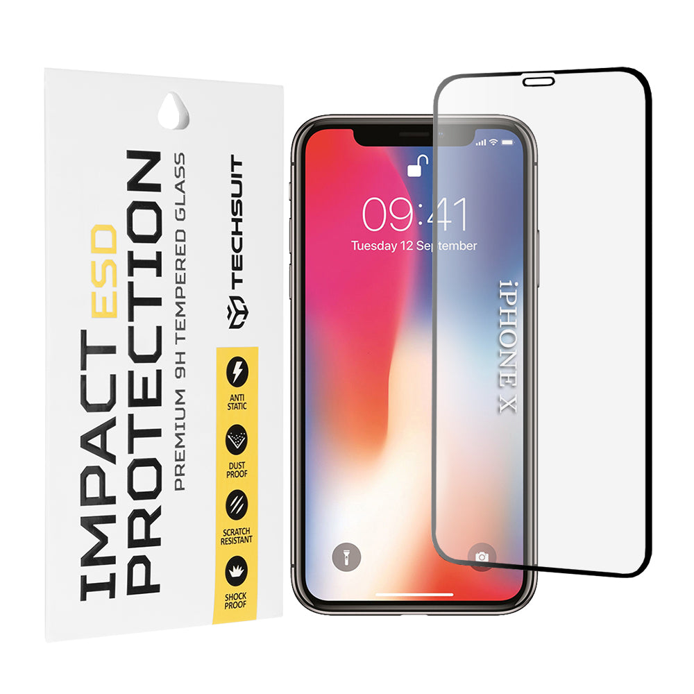 Techsuit Displayschutzfolie für Apple iPhone 11 Pro / XS / X, gehärtetes Glas, Full Glue, Schwarz