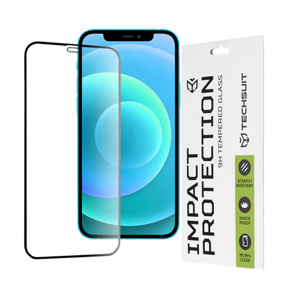 Techsuit Displayschutzfolie für Apple iPhone 12 / 12 Pro, gehärtetes Glas, Full Glue, 111D, Schwarz