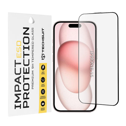 Techsuit Screen Protector Film for Apple iPhone 16 / 15, Tempered Glass, Full Glue, Black