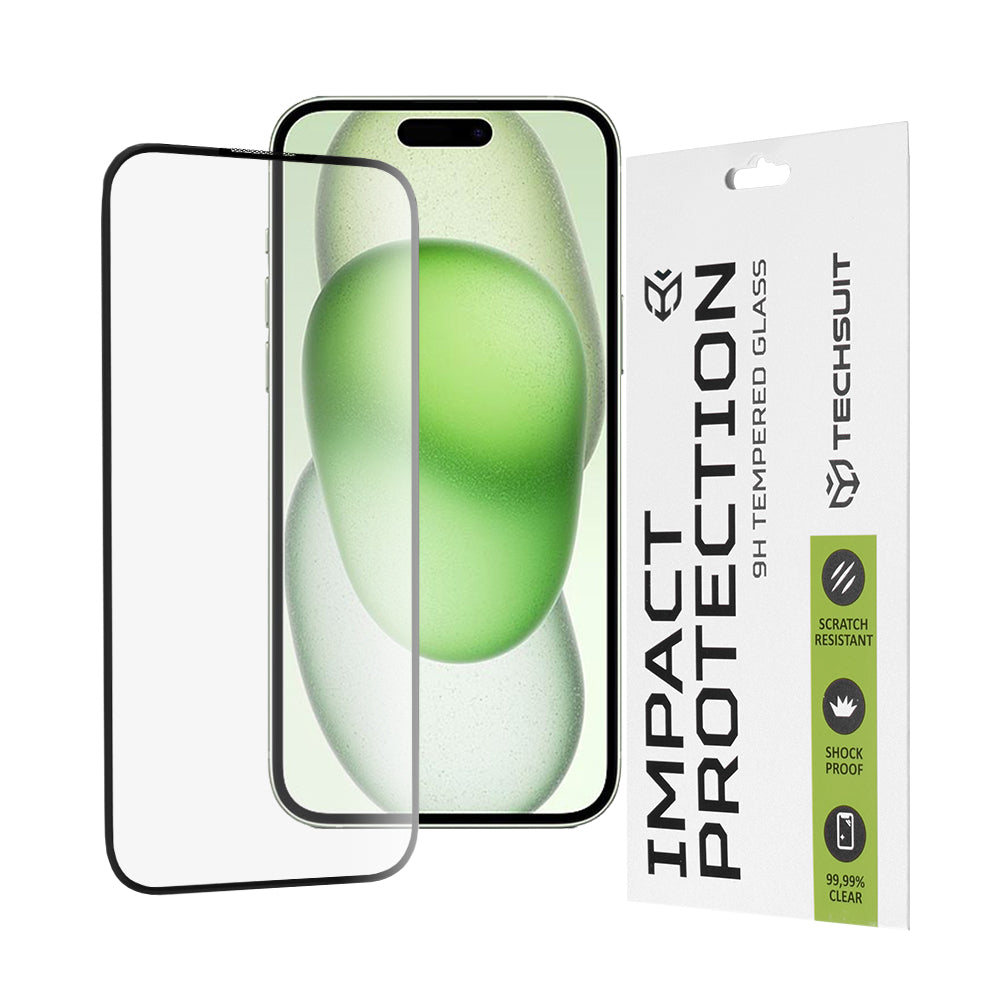 Film de protection d'écran Techsuit pour Apple iPhone 16 Plus / 15 Plus, Verre trempé, Full Glue, 111D, Noir