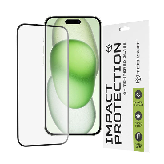 Techsuit Screen Protector Film for Apple iPhone 16 Plus / 15 Plus, Tempered Glass, Full Glue, 111D, Black