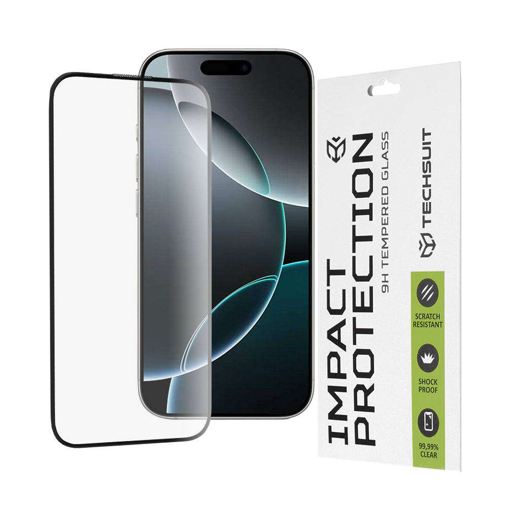 Techsuit Displayschutzfolie für Apple iPhone 16 Pro, gehärtetes Glas, Full Glue, 111D, Schwarz
