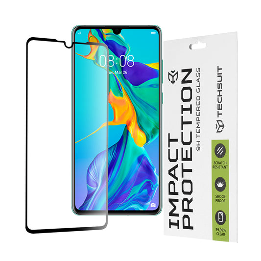 Techsuit Displayschutzfolie für Huawei P30, gehärtetes Glas, Full Glue, 111D, Schwarz