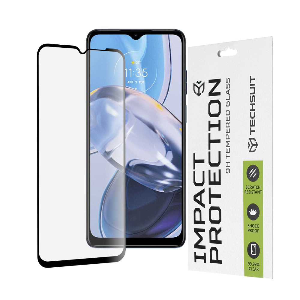 Techsuit Displayschutzfolie für Motorola Moto E22i / E22, gehärtetes Glas, Full Glue, 111D, Schwarz