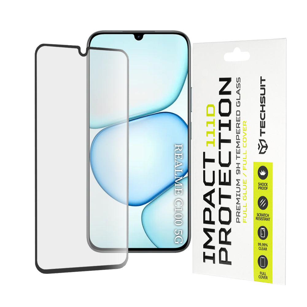 Techsuit Displayschutzfolie für Realme C100 5G, gehärtetes Glas, Full Glue, 111D, Schwarz