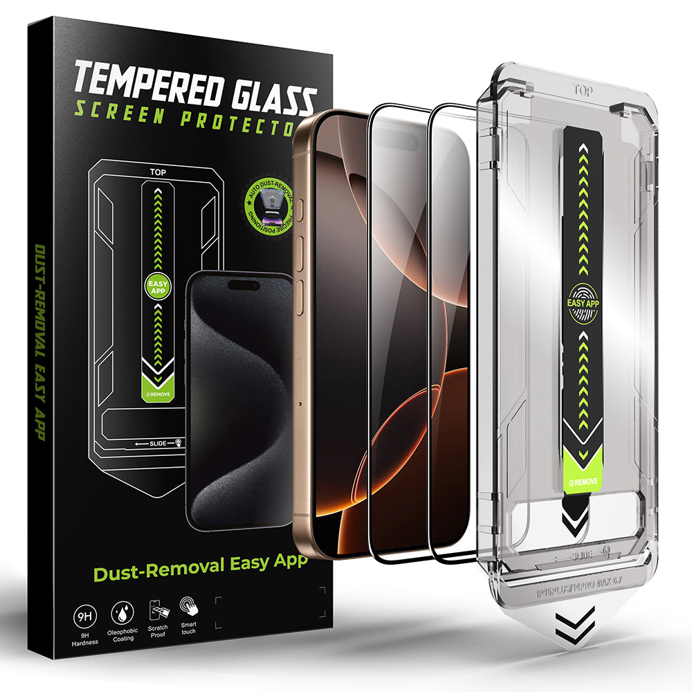 Film de protection d'écran Techsuit TitanGlass pour Apple iPhone 16 Pro Max, Verre trempé, Full Glue, Lot de 2 pièces, Noir