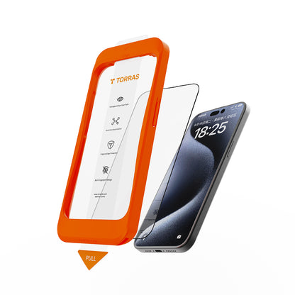 Film de protection d'écran Torras GlassGo Install Master pour Apple iPhone 16 Pro Max, Verre Trempé, Collage Complet, Noir