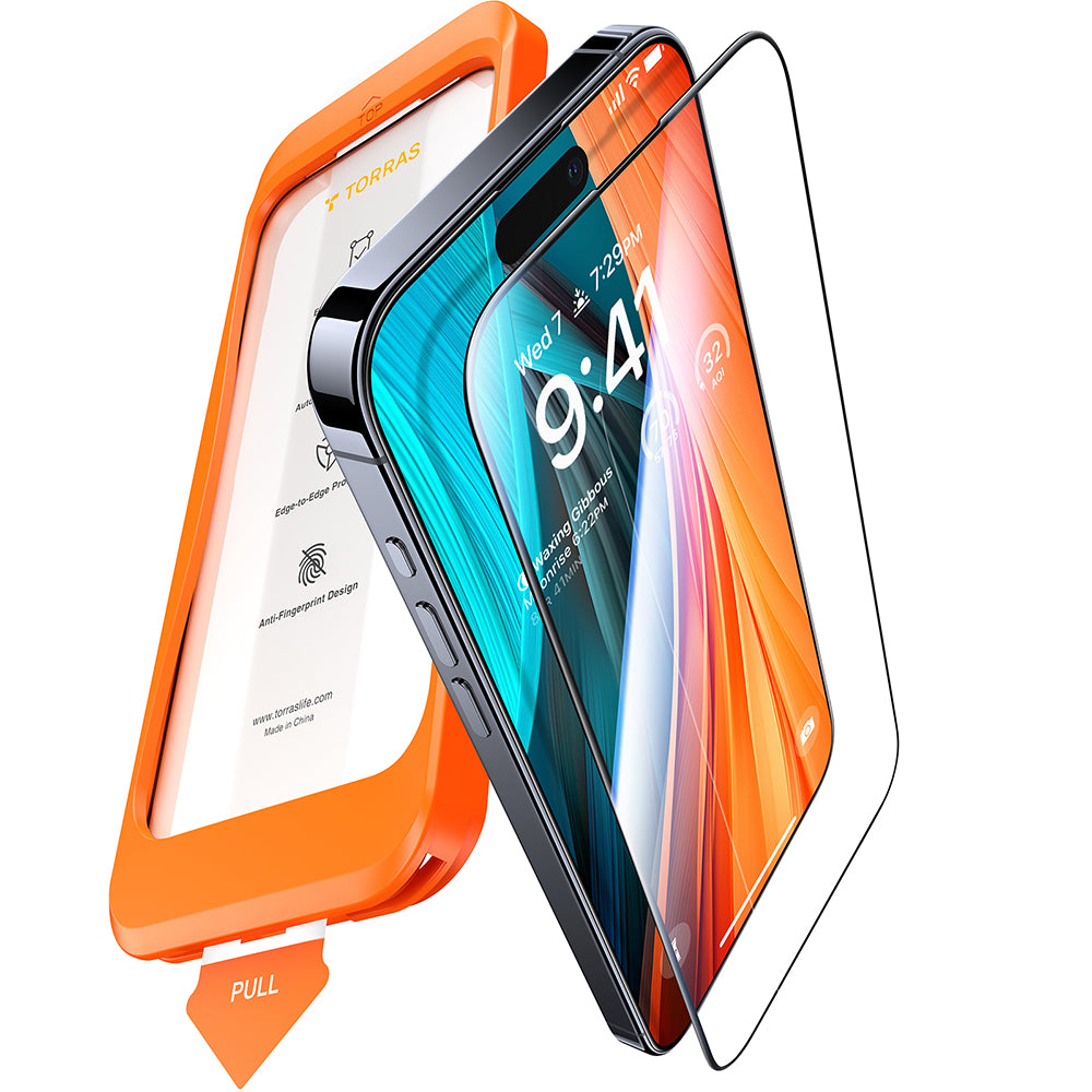 Film de protection d'écran Torras GlassGo Install Master pour Apple iPhone 16 Pro Max, Verre Trempé, Collage Complet, Noir