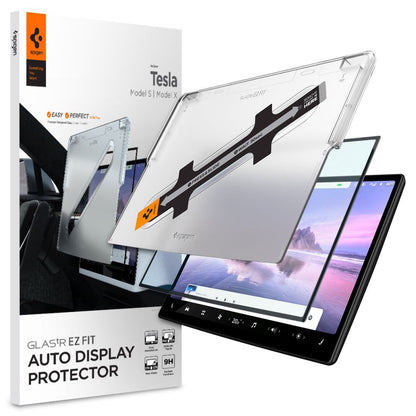 Spigen GlastR EZ FIT Schutzfolie für Tesla X / S Navigation (2022 - 2021), gehärtetes Glas, Schwarz AGL04688