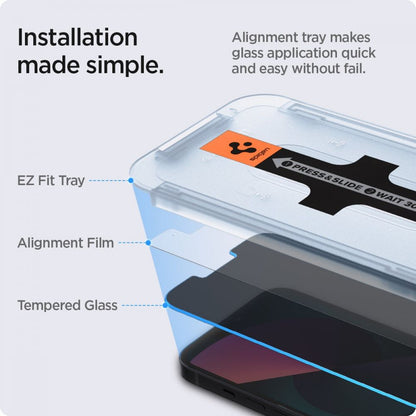 Film de protection d'écran Privacy Spigen GlastR EZ FIT pour Apple iPhone 17e / 16e / 14 / 13 Pro, Verre trempé, Collage intégral, Lot de 2 pièces AGL03388