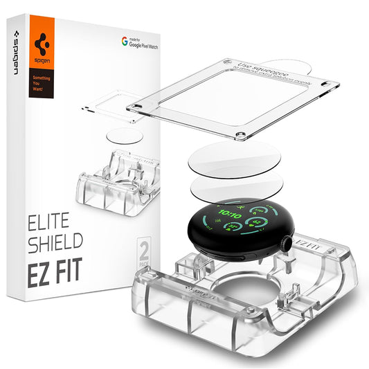 Spigen Elite Shield EZ FIT Schutzfolie für Google Pixel Watch 45mm Serie, 2 Stück Set, Gehärtetes Glas, Transparent AFL08525
