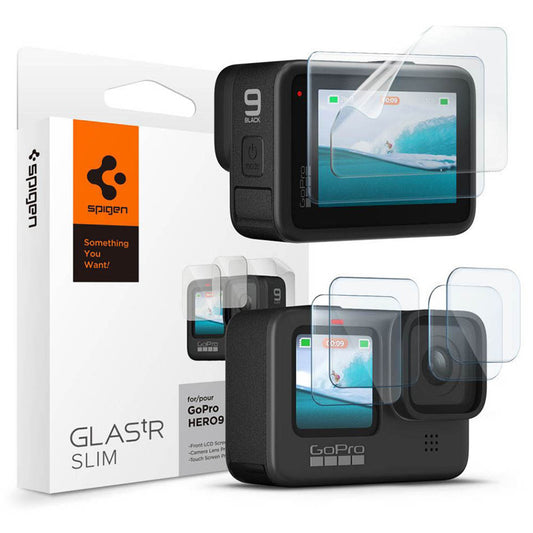 Displayschutz- und Linsenfolie Spigen GlastR Slim für GoPro Hero 12 / 9 / 10 / 11, gehärtetes Glas, Set 6 Stück AGL03045