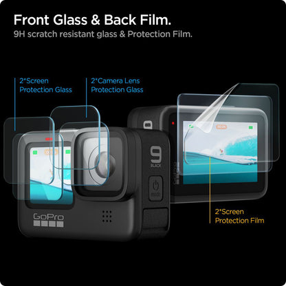 Displayschutz- und Linsenfolie Spigen GlastR Slim für GoPro Hero 12 / 9 / 10 / 11, gehärtetes Glas, Set 6 Stück AGL03045