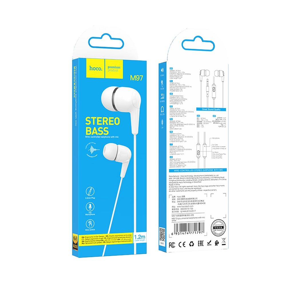 Handsfree 3.5mm HOCO M97, Blanc