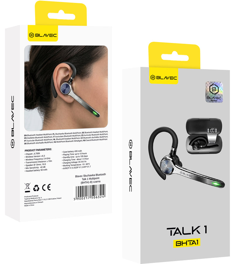Kit mains libres Bluetooth Blavec Talk 1, MultiPoint, A2DP, Noir