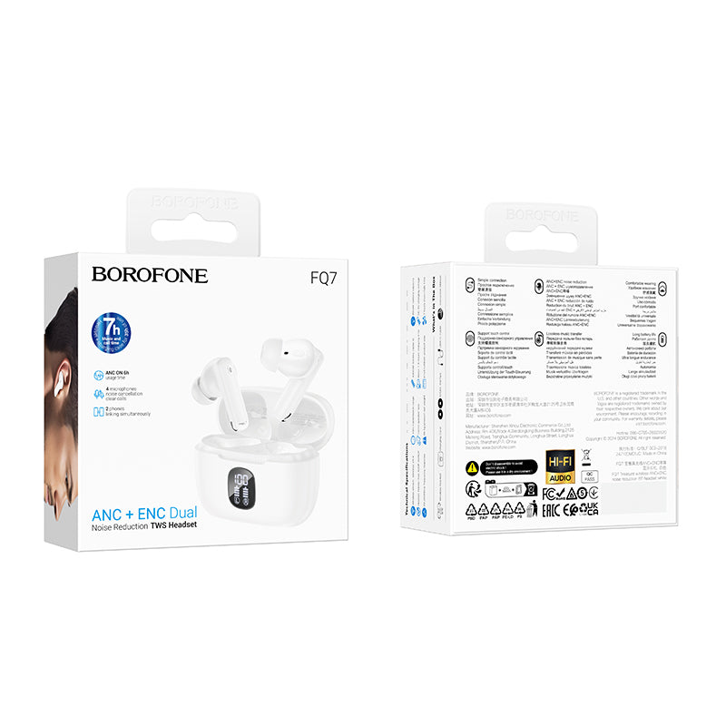 Kit mains libres Bluetooth Borofone FQ7 Treasure, TWS, ANC, MultiPoint, Blanc