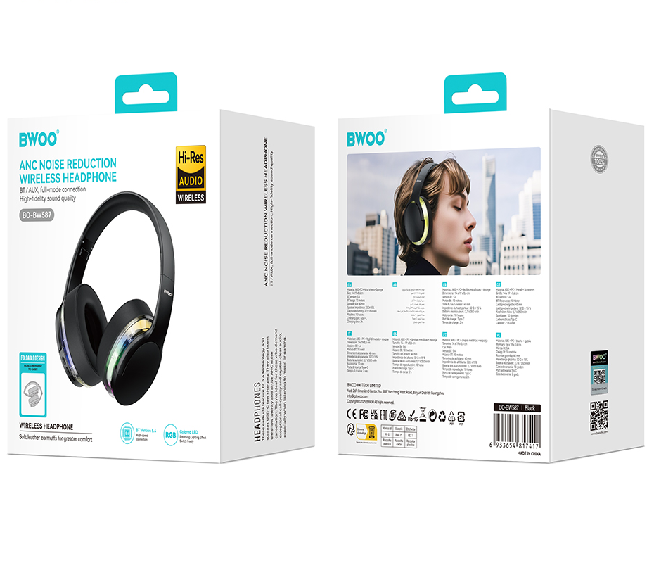 Kit mains libres Bluetooth BWOO BO-BW587, A2DP, ANC, Noir