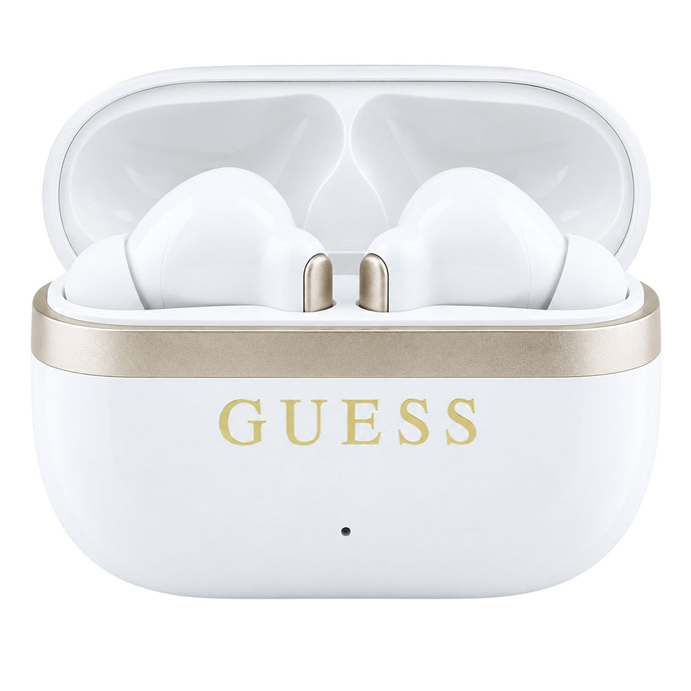 Guess Bluetooth-Freisprecheinrichtung Glossy Gold Line Printed Classic Logo, TWS, Weiß
