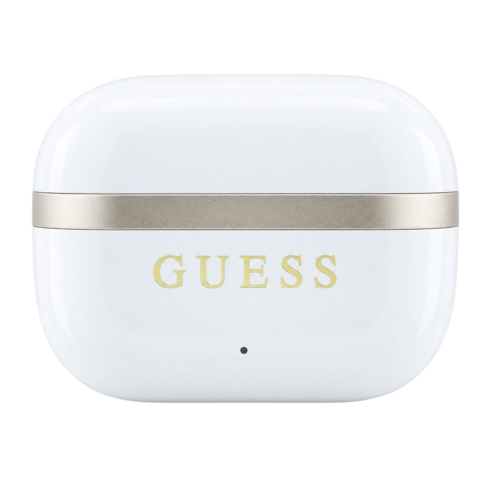 Guess Bluetooth-Freisprecheinrichtung Glossy Gold Line Printed Classic Logo, TWS, Weiß