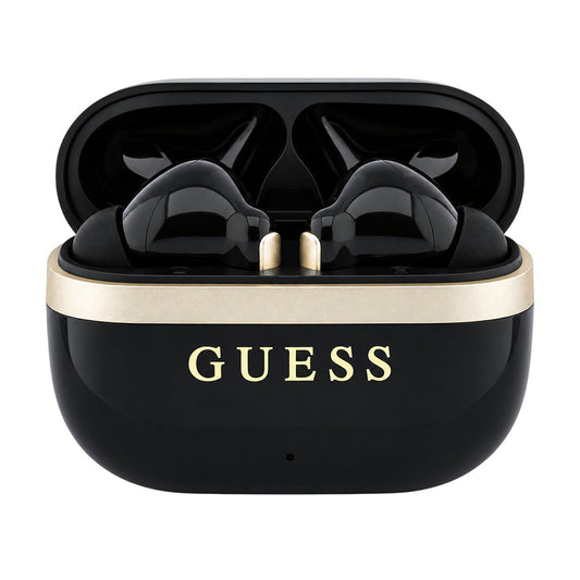 Coussinets Bluetooth Guess Glossy Gold Line avec logo classique imprimé, TWS, noir