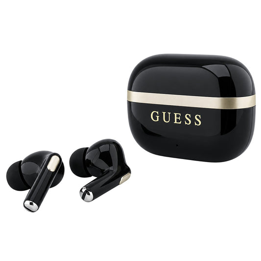 Coussinets Bluetooth Guess Glossy Gold Line avec logo classique imprimé, TWS, noir